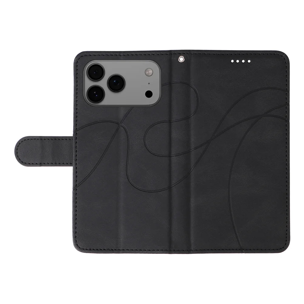 For iPhone 18 Pro Max / 17 Pro Max Wallet Case Leather Phone Cover Stand with Curved Line Design -  Black - 3