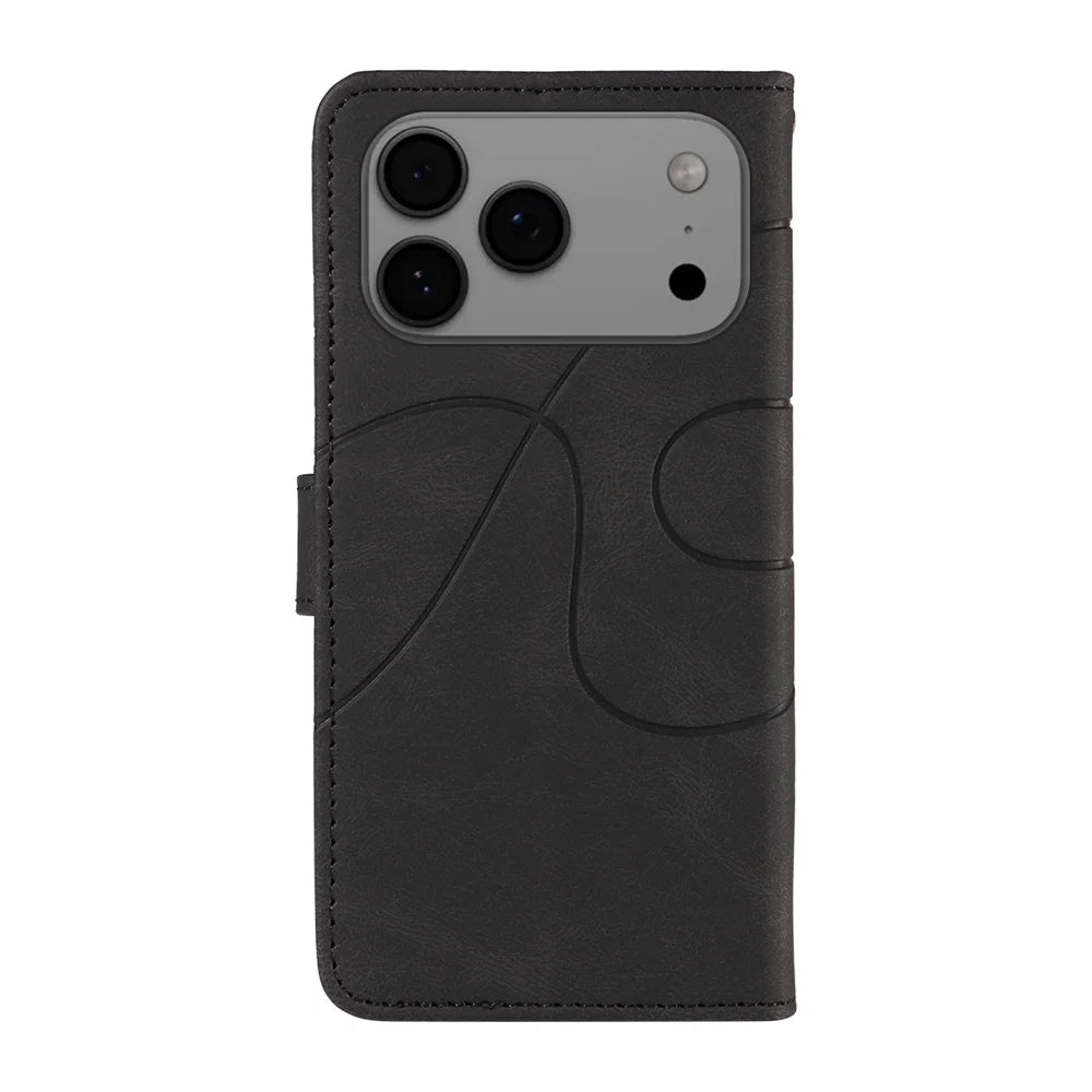 For iPhone 18 Pro Max / 17 Pro Max Wallet Case Leather Phone Cover Stand with Curved Line Design -  Black - 6
