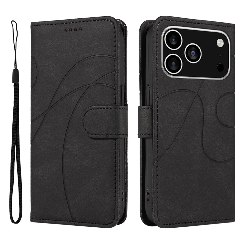 For iPhone 18 Pro / 17 Pro Wallet Case Leather Phone Cover Stand with Curved Line Design -  Black - 1