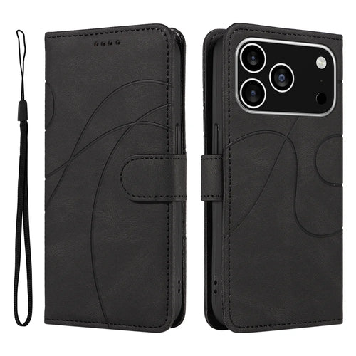 For iPhone 18 Pro / 17 Pro Wallet Case Leather Phone Cover Stand with Curved Line Design -  Black - 1