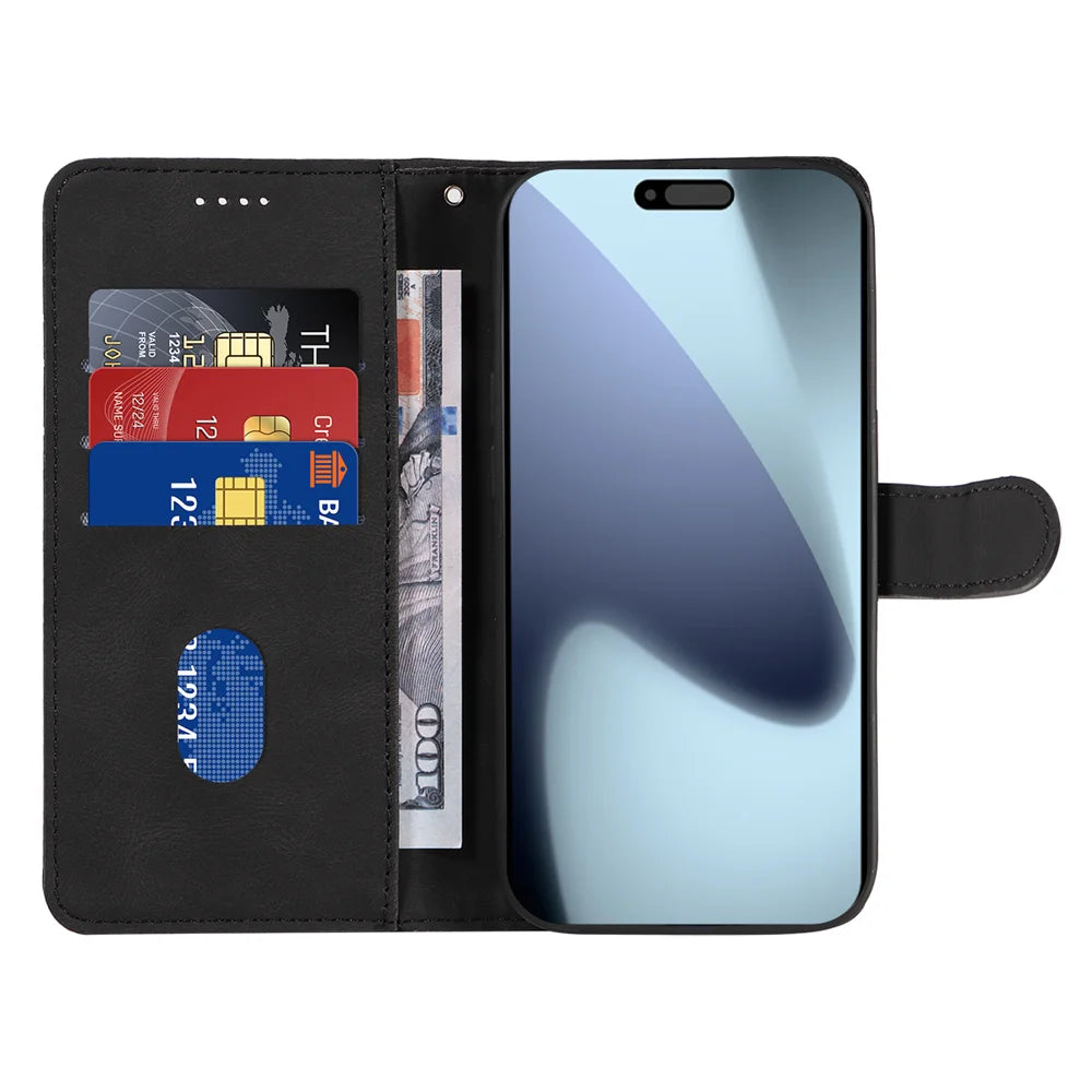 For iPhone 18 Pro / 17 Pro Wallet Case Leather Phone Cover Stand with Curved Line Design -  Black - 2