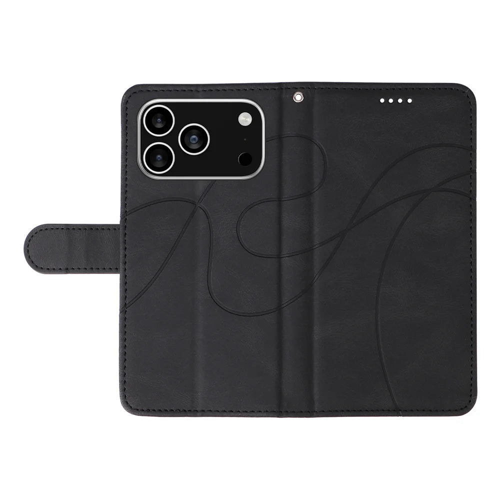 For iPhone 18 Pro / 17 Pro Wallet Case Leather Phone Cover Stand with Curved Line Design -  Black - 3