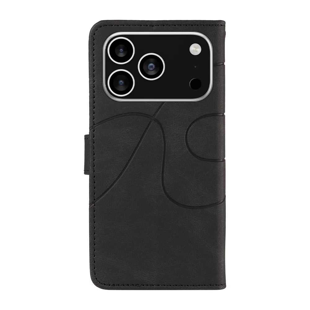 For iPhone 18 Pro / 17 Pro Wallet Case Leather Phone Cover Stand with Curved Line Design -  Black - 7
