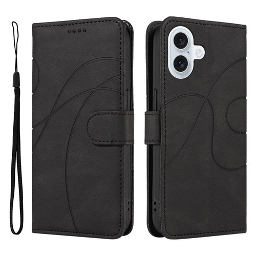 For iPhone 17 Wallet Case Leather Phone Cover Stand with Curved Line Design -  Black - 1