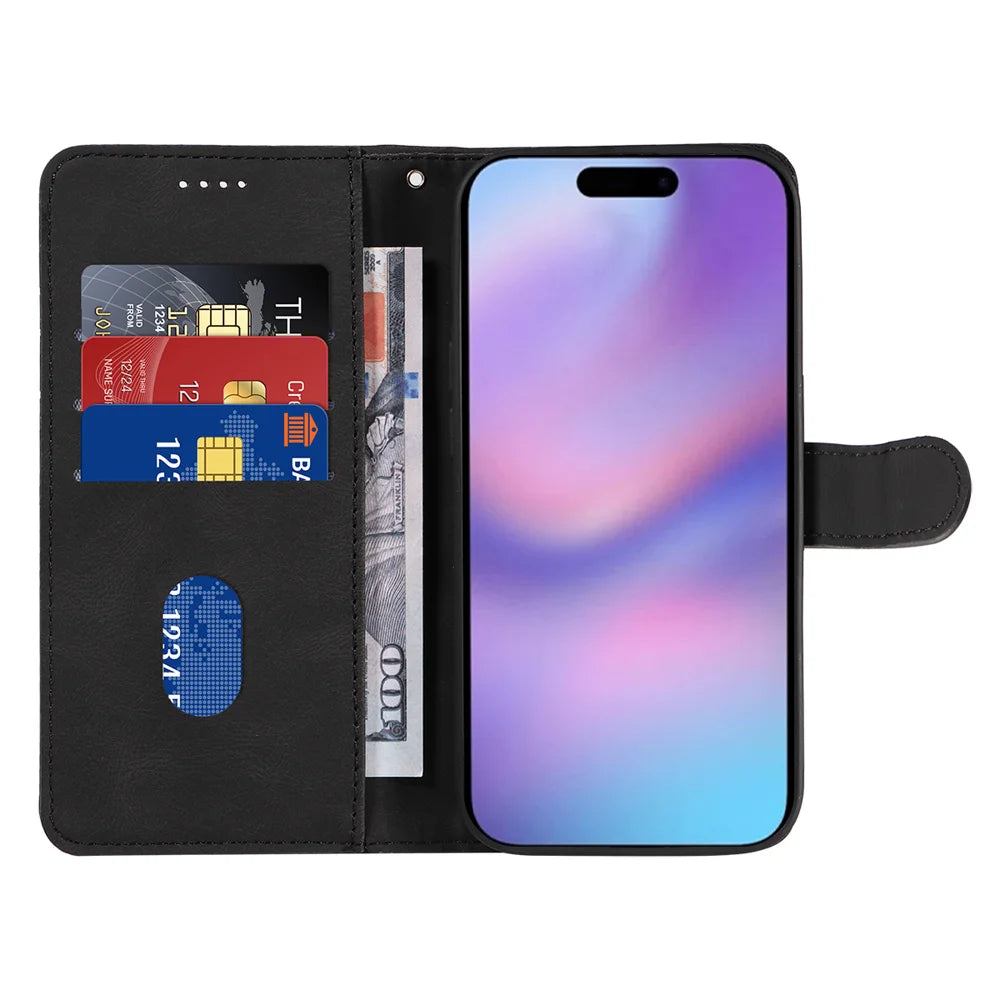 For iPhone 17 Wallet Case Leather Phone Cover Stand with Curved Line Design -  Black - 2
