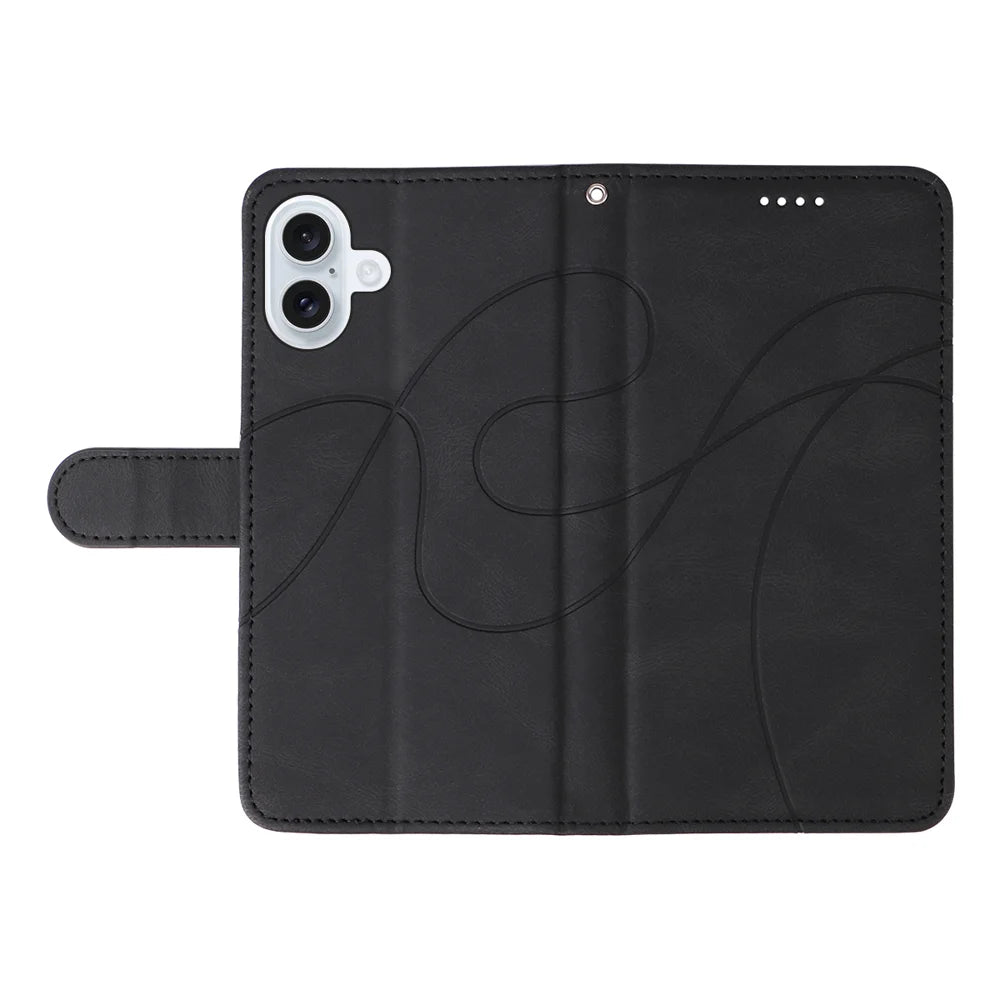 For iPhone 17 Wallet Case Leather Phone Cover Stand with Curved Line Design -  Black - 3