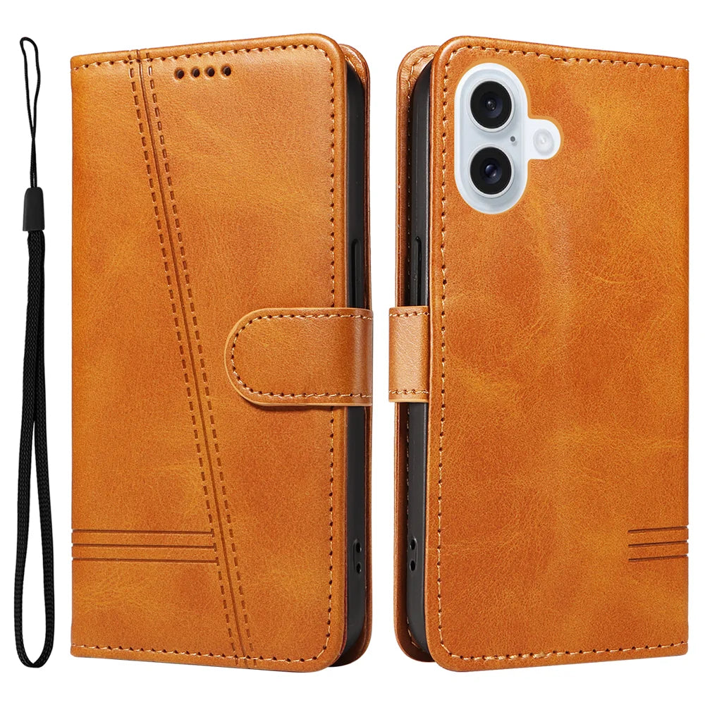 For iPhone 17 Wallet Case T-Shape Lines Leather Phone Cover Stand - Brown - 1