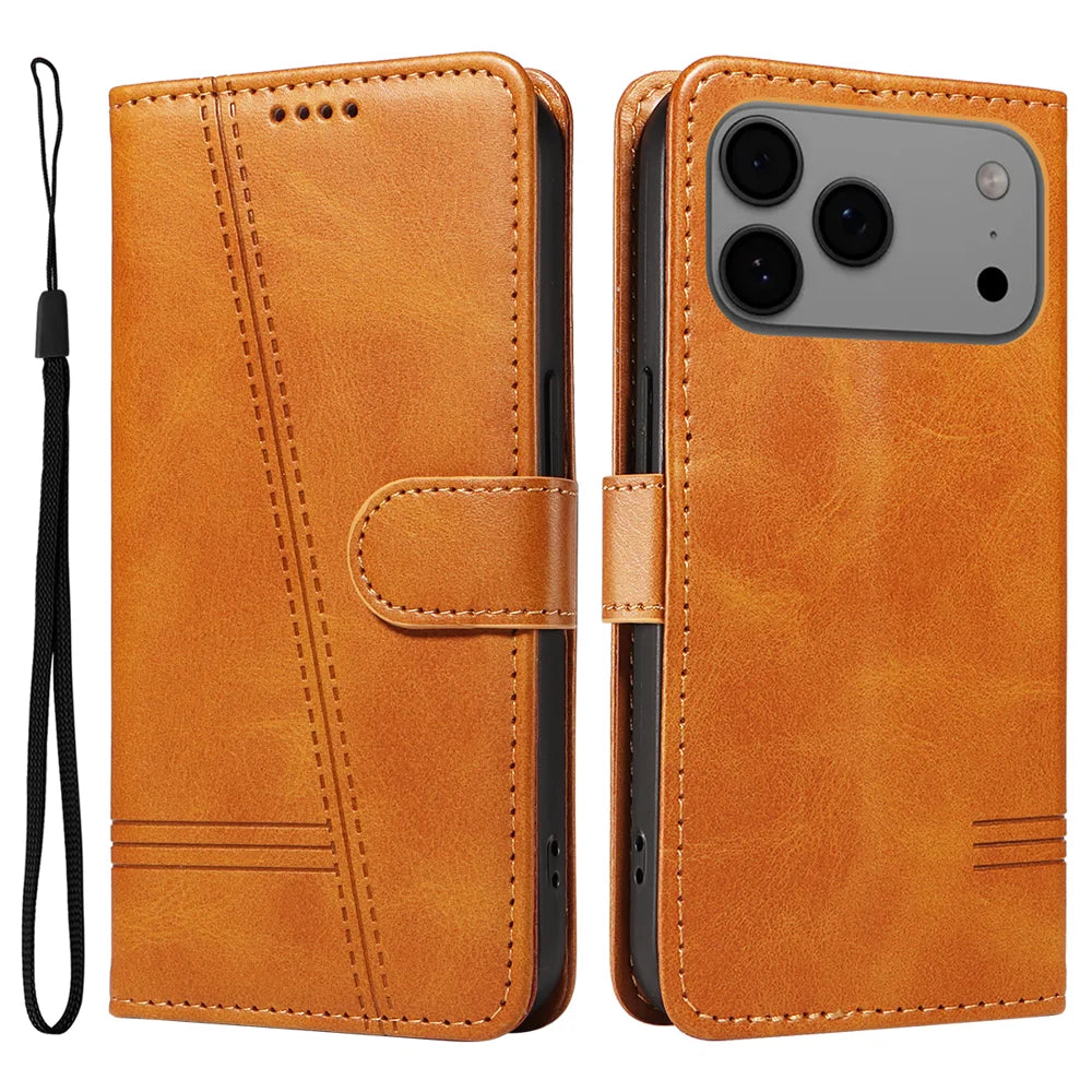 For iPhone 18 Pro Max / 17 Pro Max Wallet Case T-Shape Lines Leather Phone Cover Stand - Brown - 1