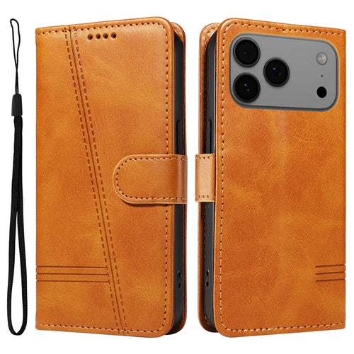 For iPhone 18 Pro Max / 17 Pro Max Wallet Case T-Shape Lines Leather Phone Cover Stand - Brown - 1