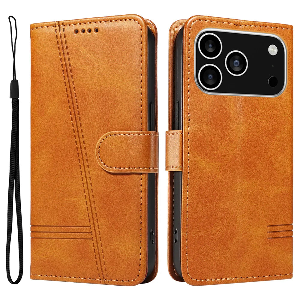 For iPhone 18 Pro / 17 Pro Wallet Case T-Shape Lines Leather Phone Cover Stand - Brown - 1