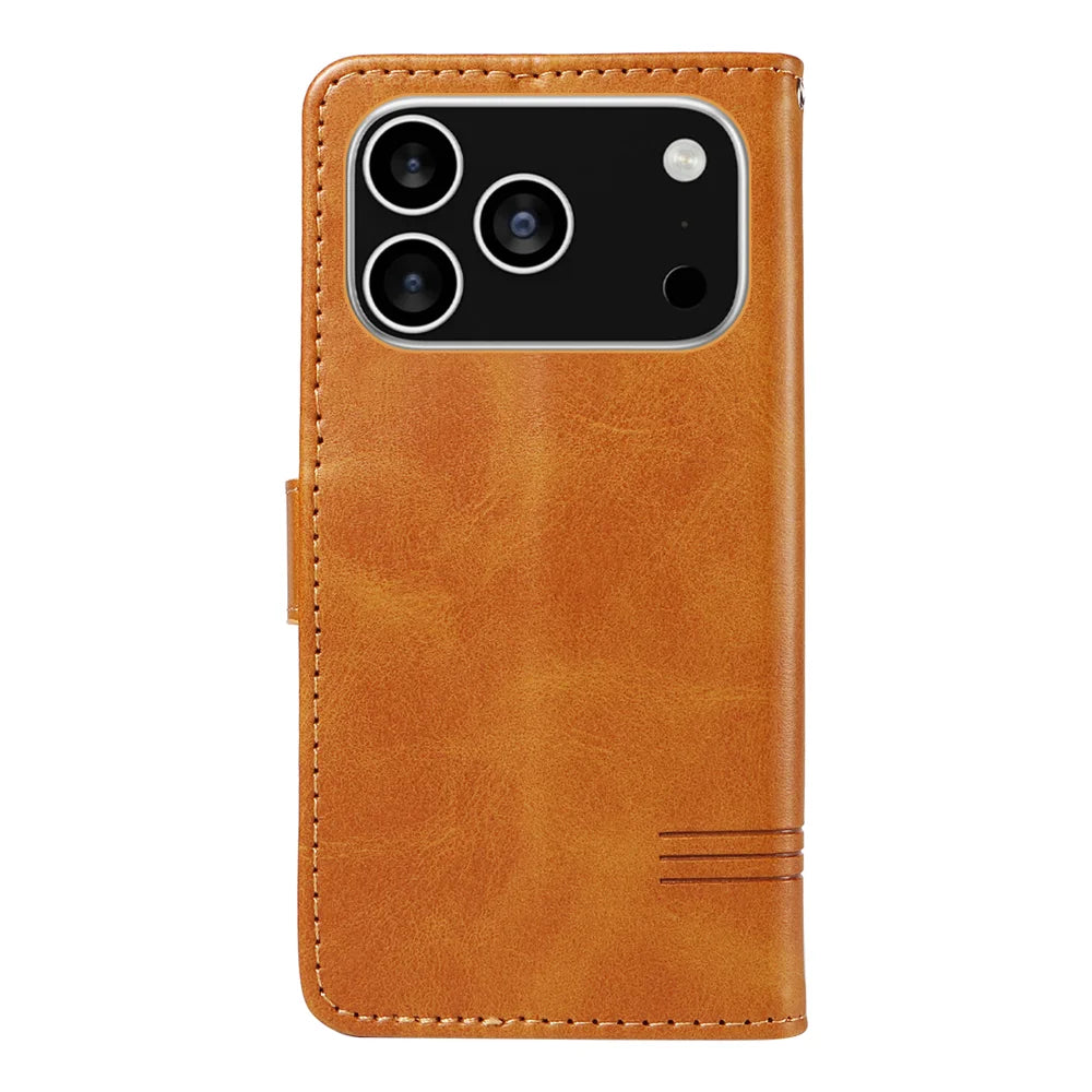 For iPhone 18 Pro / 17 Pro Wallet Case T-Shape Lines Leather Phone Cover Stand - Brown - 7