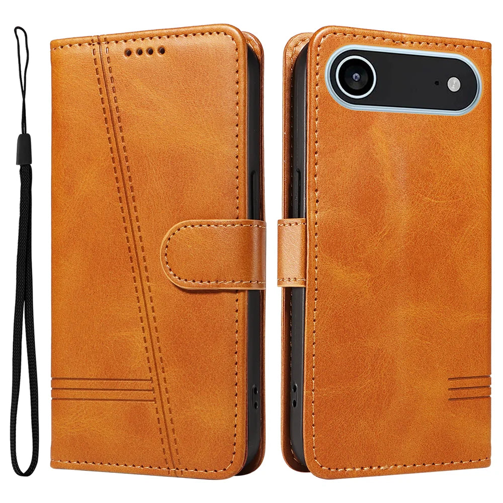 For iPhone Air Wallet Case T-Shape Lines Leather Phone Cover Stand - Brown - 1
