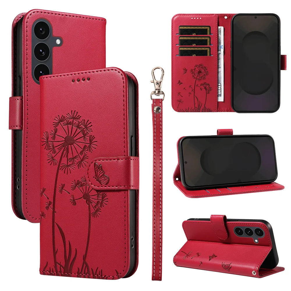 For Samsung Galaxy S25 FE Leather Wallet Case with Strap Dandelion Imprint Phone Stand Cover - Red - 1
