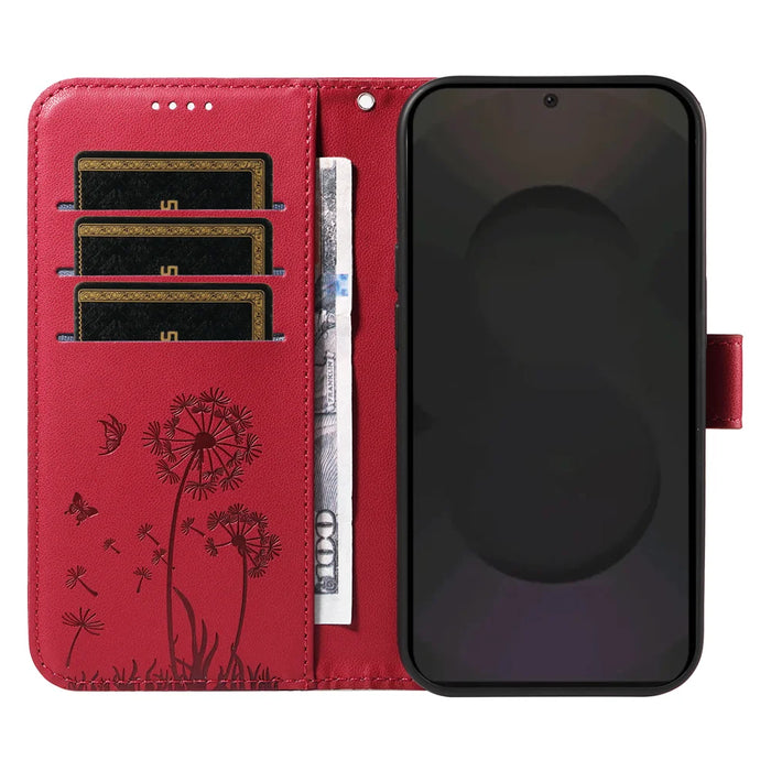For Samsung Galaxy S25 FE Leather Wallet Case with Strap Dandelion Imprint Phone Stand Cover - Red - 2