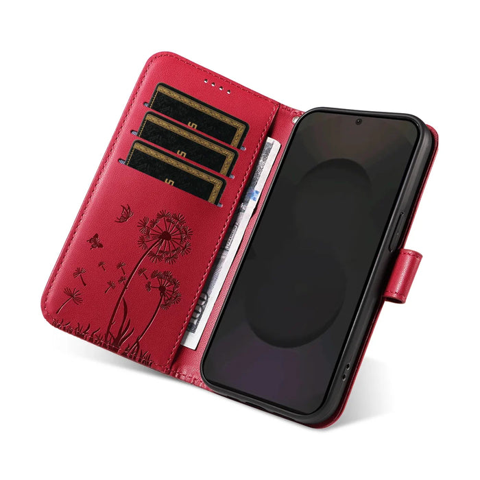 For Samsung Galaxy S25 FE Leather Wallet Case with Strap Dandelion Imprint Phone Stand Cover - Red - 6