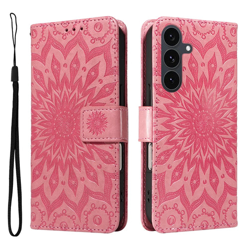 For Samsung Galaxy S25 FE Leather Wallet Case Sunflower Imprinted Phone Cover - Pink - 1