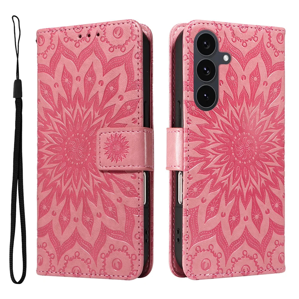 For Samsung Galaxy S25 FE Leather Wallet Case Sunflower Imprinted Phone Cover - Pink - 1