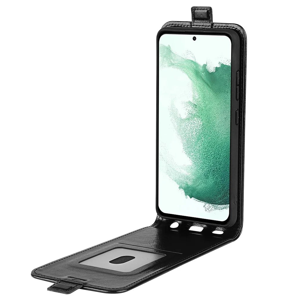 For Samsung Galaxy S23+ Anti-scratch PU Leather Phone Case Magnetic Closure Vertical Flip Crazy Horse Texture Card Holder Phone Shell - Black - 3