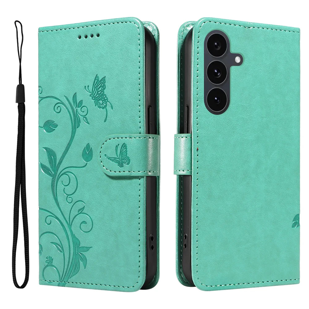 For Samsung Galaxy S25 FE PU Leather Cases Flower Pattern Wallet Stand Phone Cover with Strap - Green - 1