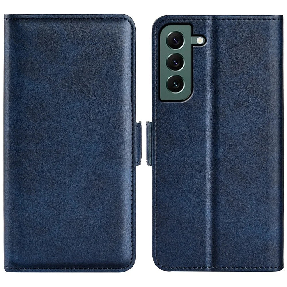 For Samsung Galaxy S23+ Calf Texture PU Leather Dual Magnetic Clasp Phone Case Anti-scratch Stand Wallet Cover - Blue - 1