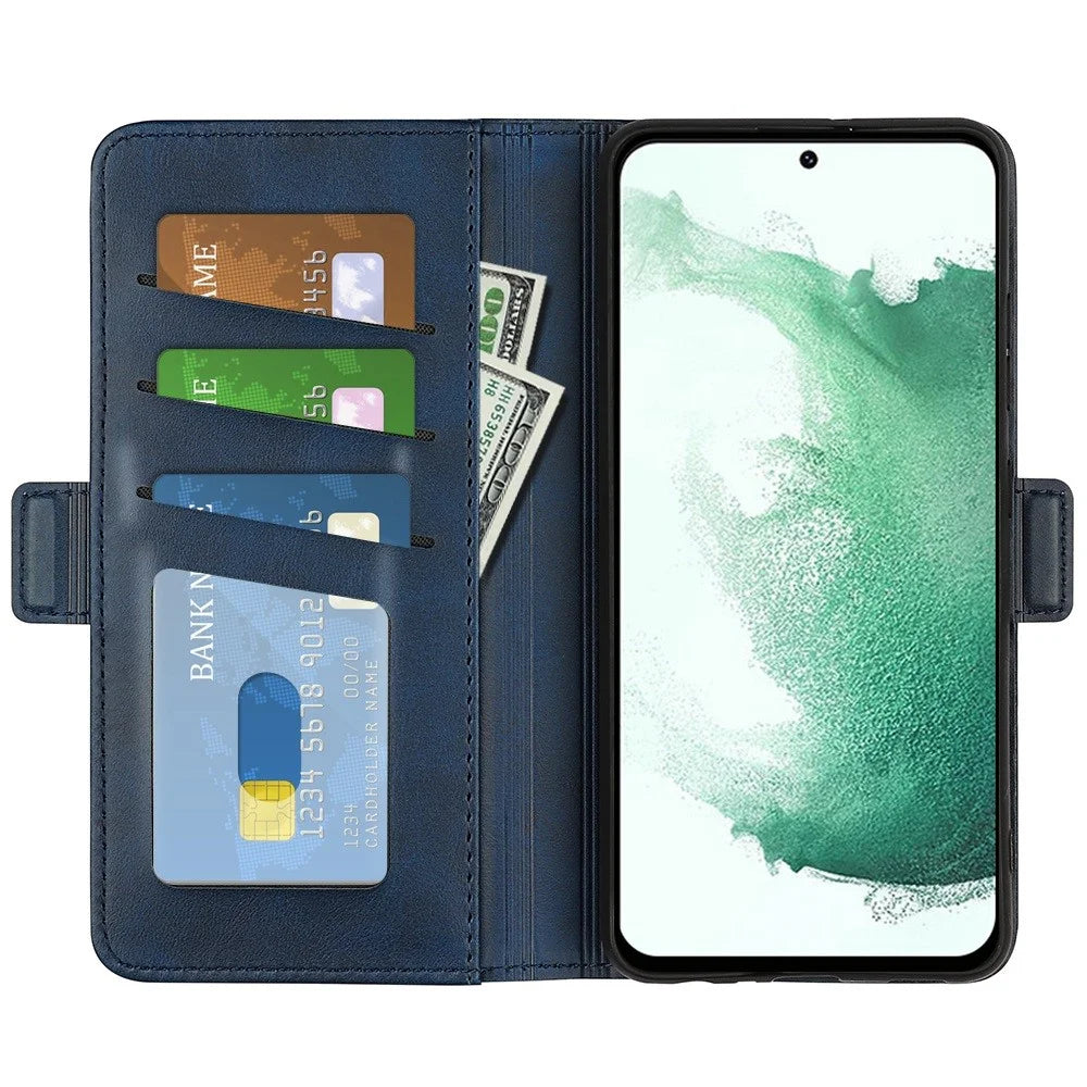 For Samsung Galaxy S23+ Calf Texture PU Leather Dual Magnetic Clasp Phone Case Anti-scratch Stand Wallet Cover - Blue - 2