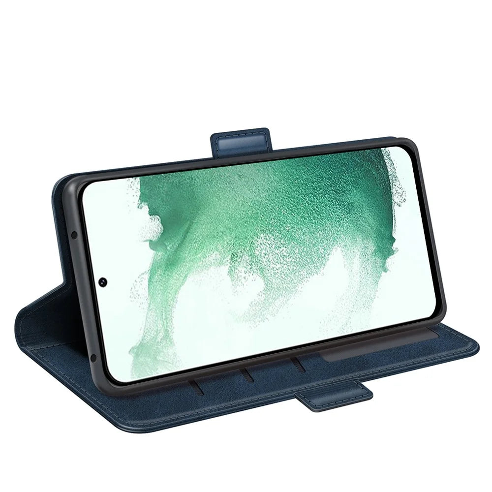For Samsung Galaxy S23+ Calf Texture PU Leather Dual Magnetic Clasp Phone Case Anti-scratch Stand Wallet Cover - Blue - 3