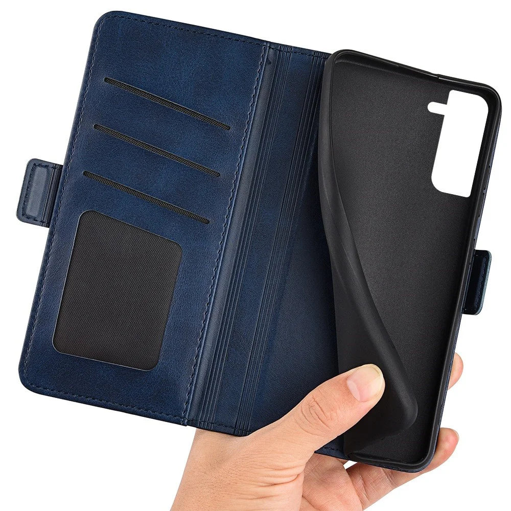 For Samsung Galaxy S23+ Calf Texture PU Leather Dual Magnetic Clasp Phone Case Anti-scratch Stand Wallet Cover - Blue - 4