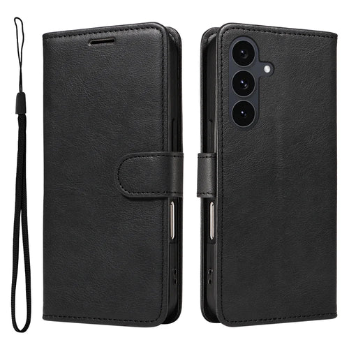 For Samsung Galaxy S25 FE Leather Wallet Case with Strap Solid Color Phone Stand Cover - Black - 1