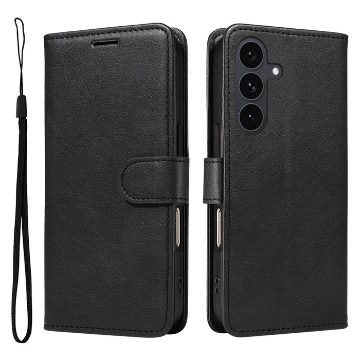 For Samsung Galaxy S25 FE Leather Wallet Case with Strap Solid Color Phone Stand Cover - Black - 1