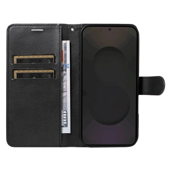 For Samsung Galaxy S25 FE Leather Wallet Case with Strap Solid Color Phone Stand Cover - Black - 2