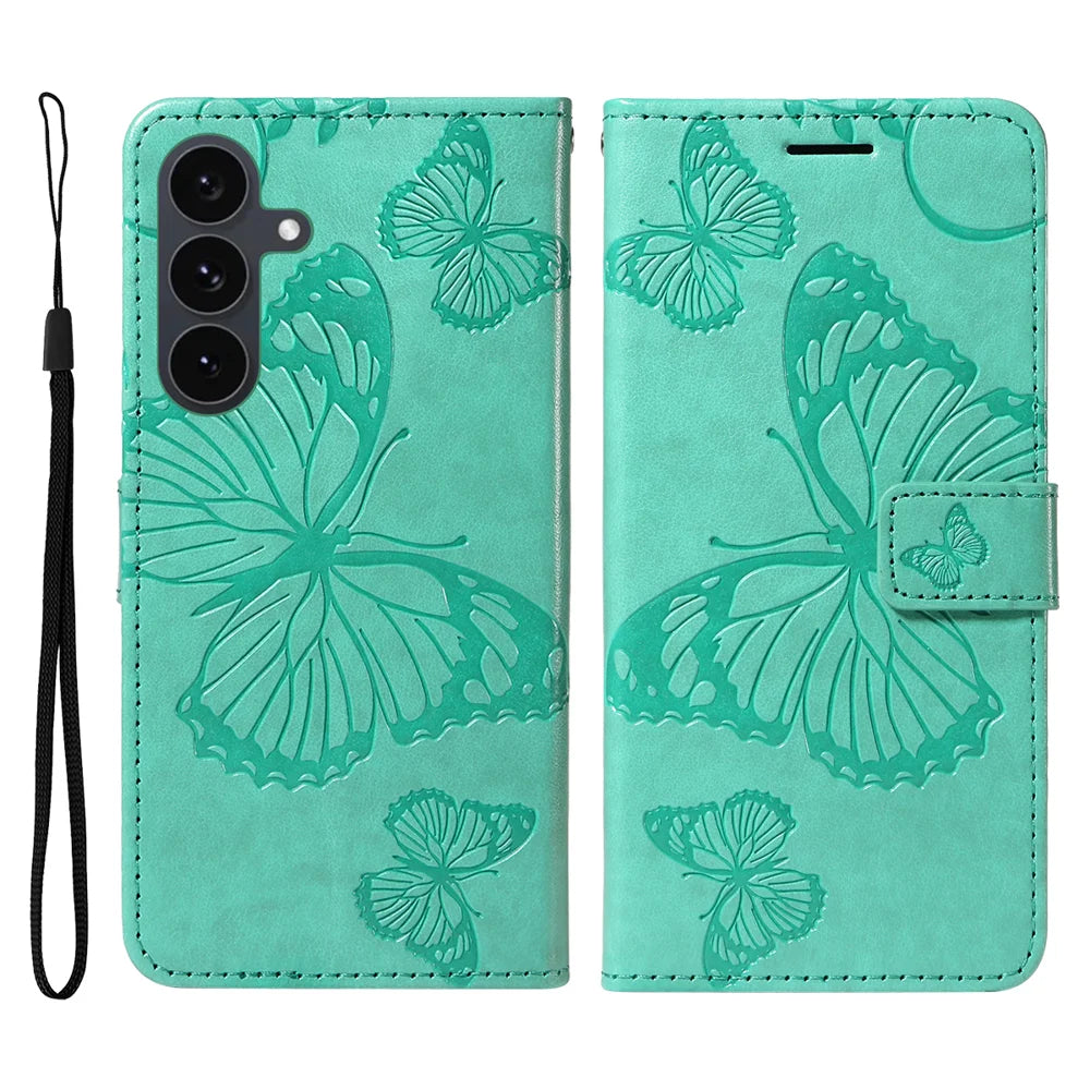 For Samsung Galaxy S25 FE Wallet Case Floral Butterfly Imprinted Leather Phone Cover Stand -  Green - 1