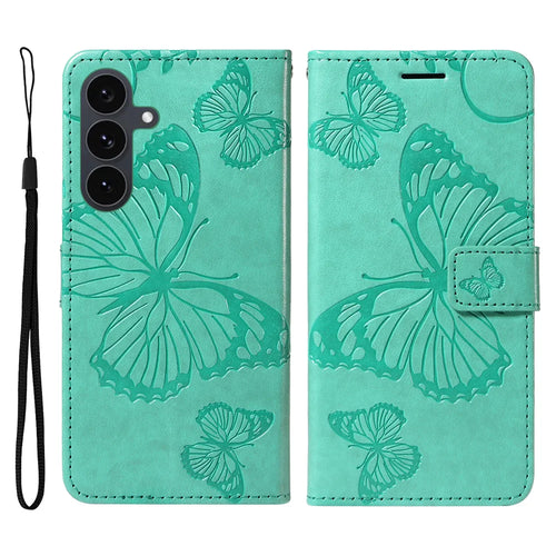 For Samsung Galaxy S25 FE Wallet Case Floral Butterfly Imprinted Leather Phone Cover Stand -  Green - 1
