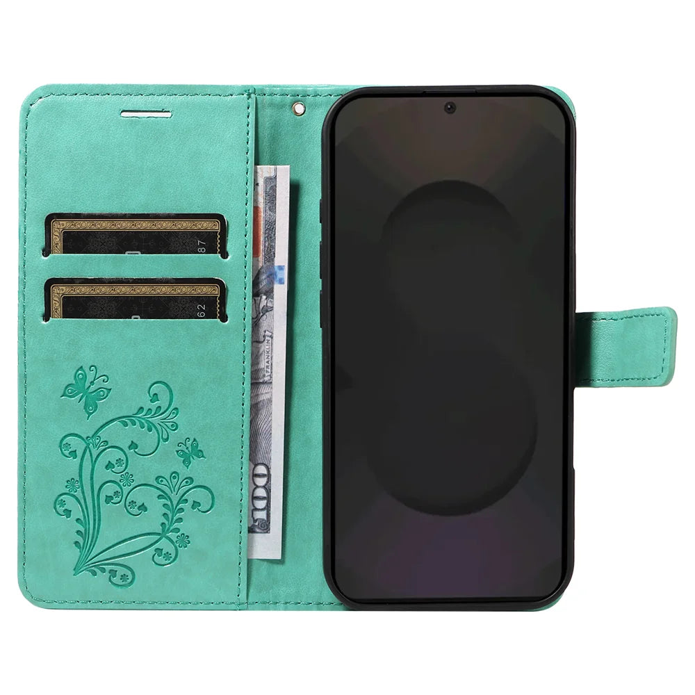For Samsung Galaxy S25 FE Wallet Case Floral Butterfly Imprinted Leather Phone Cover Stand -  Green - 2