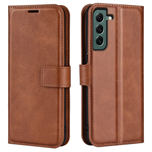 For Samsung Galaxy S23+ Anti-fingerprint Calf Texture Stand Wallet PU Leather Case Square Magnetic Clasp Flip Phone Cover - Light Brown - 1