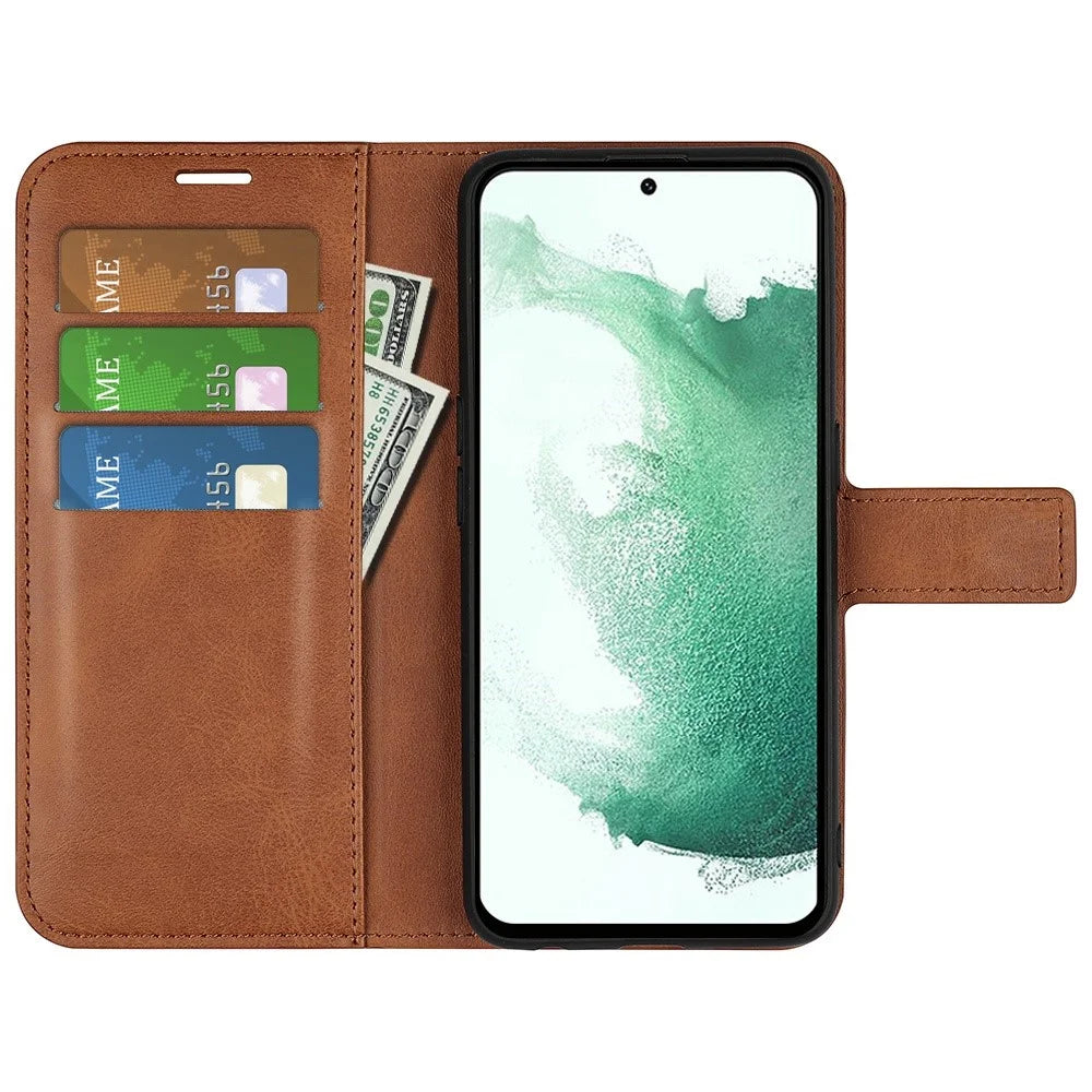 For Samsung Galaxy S23+ Anti-fingerprint Calf Texture Stand Wallet PU Leather Case Square Magnetic Clasp Flip Phone Cover - Light Brown - 2