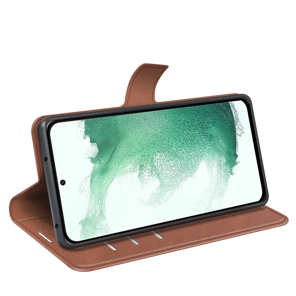 For Samsung Galaxy S23+ Anti-fingerprint Calf Texture Stand Wallet PU Leather Case Square Magnetic Clasp Flip Phone Cover - Light Brown - 3
