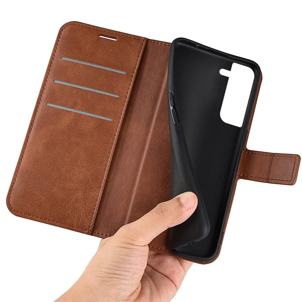 For Samsung Galaxy S23+ Anti-fingerprint Calf Texture Stand Wallet PU Leather Case Square Magnetic Clasp Flip Phone Cover - Light Brown - 4