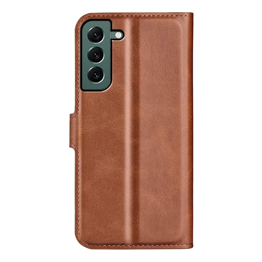 For Samsung Galaxy S23+ Anti-fingerprint Calf Texture Stand Wallet PU Leather Case Square Magnetic Clasp Flip Phone Cover - Light Brown - 6