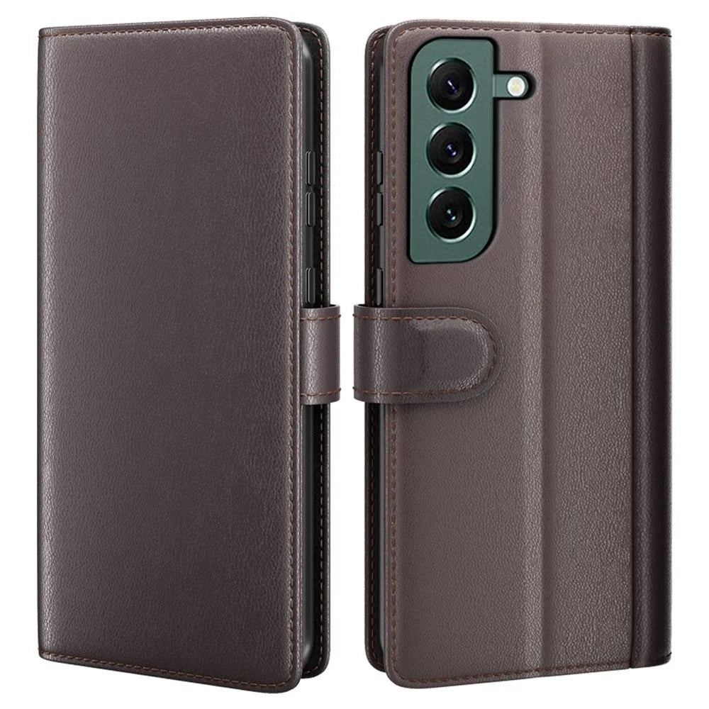 For Samsung Galaxy S23+ Case Genuine Split Leather Phone Cover with Wallet Stand - Brown - 1
