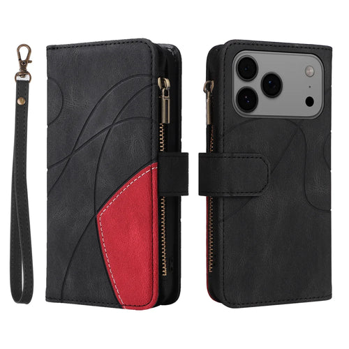 For iPhone 18 Pro Max / 17 Pro Max Leather Case with Strap Zipper 9 Card Slot Phone Cover Stand - Black - 1