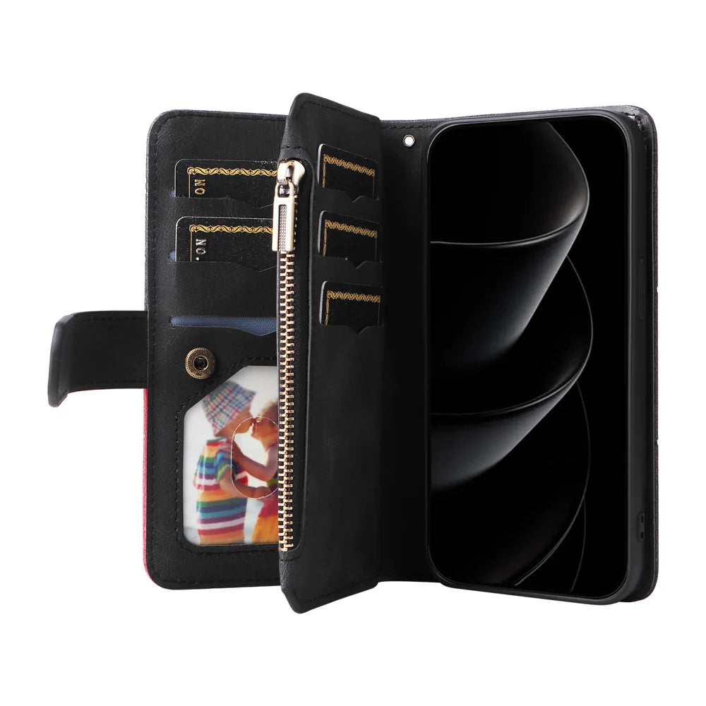 For iPhone 18 Pro Max / 17 Pro Max Leather Case with Strap Zipper 9 Card Slot Phone Cover Stand - Black - 2