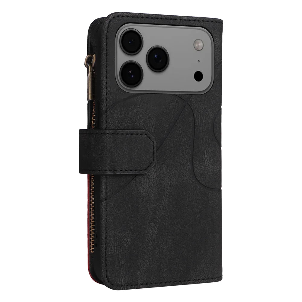 For iPhone 18 Pro Max / 17 Pro Max Leather Case with Strap Zipper 9 Card Slot Phone Cover Stand - Black - 7