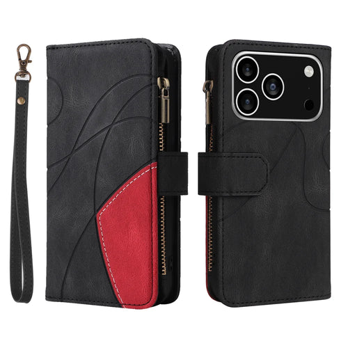 For iPhone 18 Pro / 17 Pro Leather Case with Strap Zipper 9 Card Slot Phone Cover Stand - Black - 1