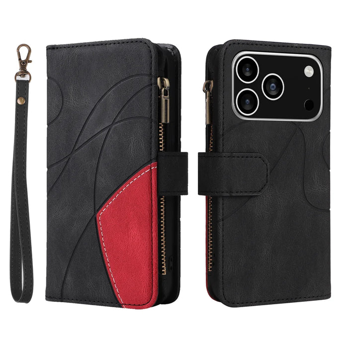 For iPhone 18 Pro / 17 Pro Leather Case with Strap Zipper 9 Card Slot Phone Cover Stand - Black - 1