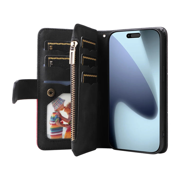 For iPhone 18 Pro / 17 Pro Leather Case with Strap Zipper 9 Card Slot Phone Cover Stand - Black - 2