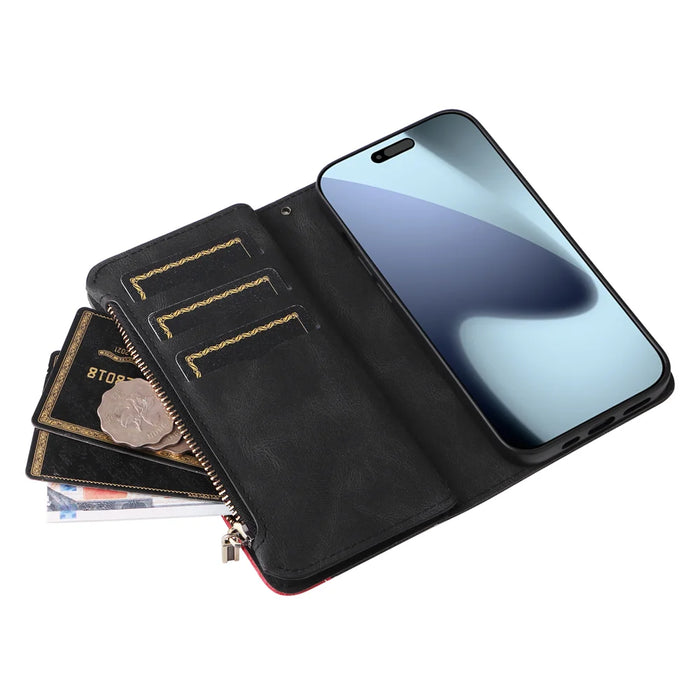 For iPhone 18 Pro / 17 Pro Leather Case with Strap Zipper 9 Card Slot Phone Cover Stand - Black - 3