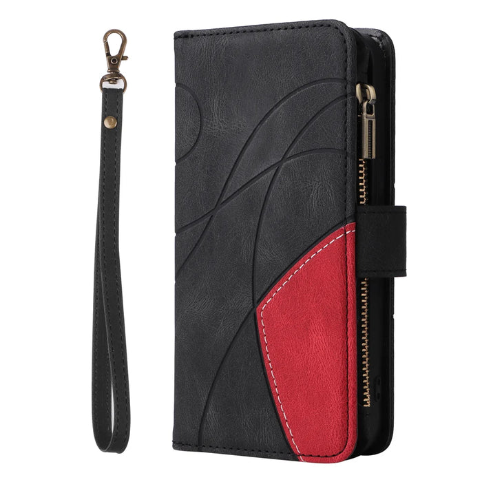 For iPhone 18 Pro / 17 Pro Leather Case with Strap Zipper 9 Card Slot Phone Cover Stand - Black - 6