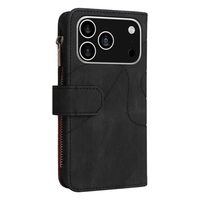 For iPhone 18 Pro / 17 Pro Leather Case with Strap Zipper 9 Card Slot Phone Cover Stand - Black - 7