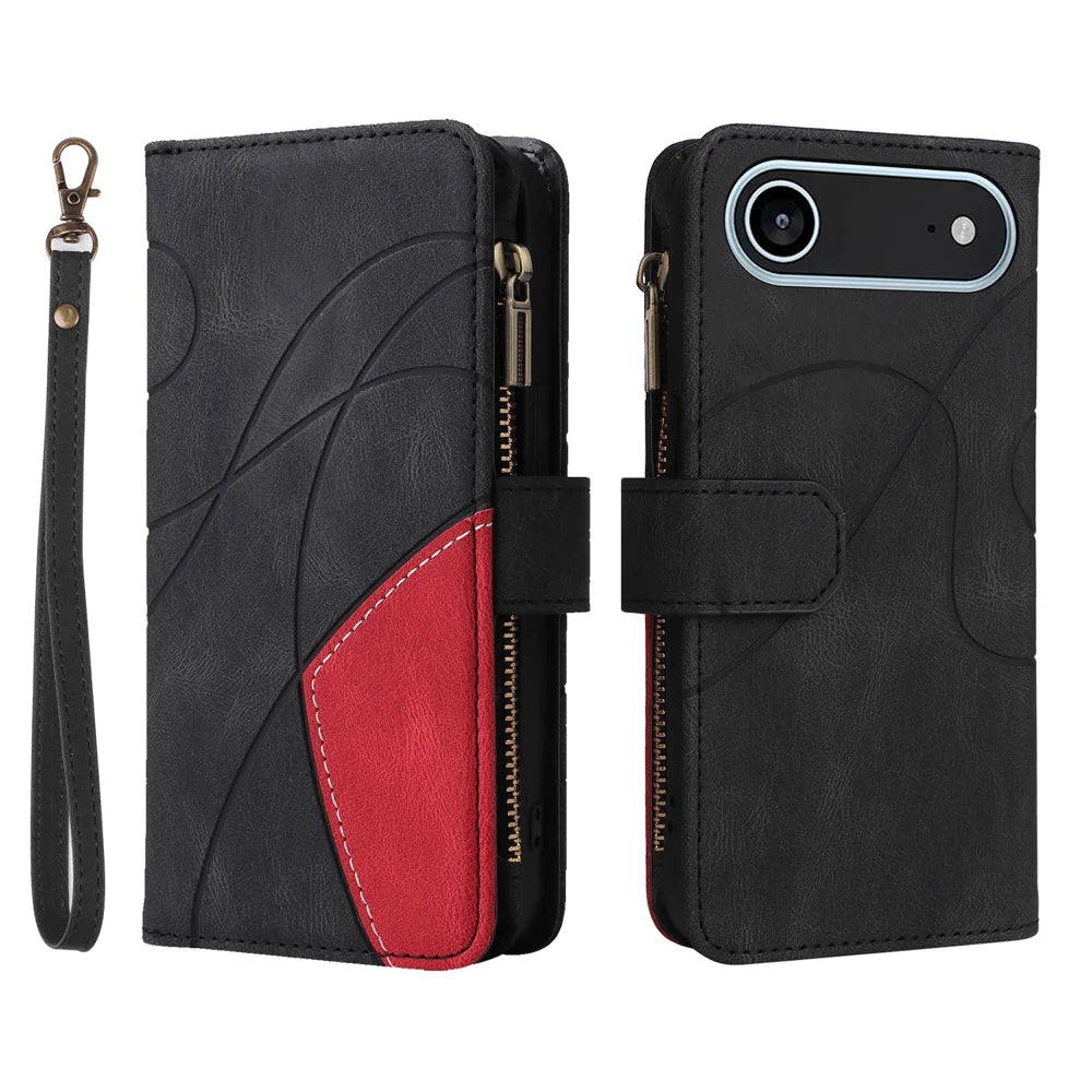For iPhone Air Leather Case with Strap Zipper 9 Card Slot Phone Cover Stand - Black - 1