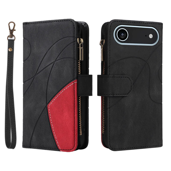 For iPhone Air Leather Case with Strap Zipper 9 Card Slot Phone Cover Stand - Black - 1
